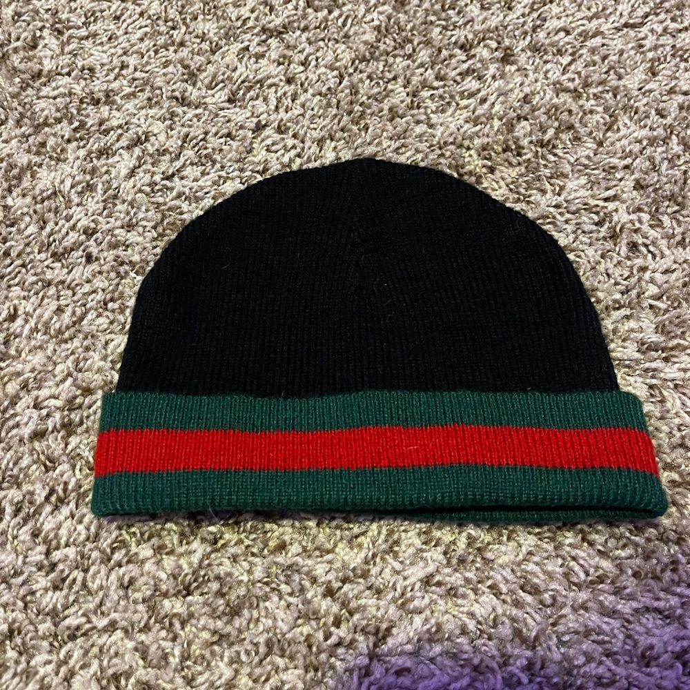 Gucci Wool Silk Web Beanie Hat M Black